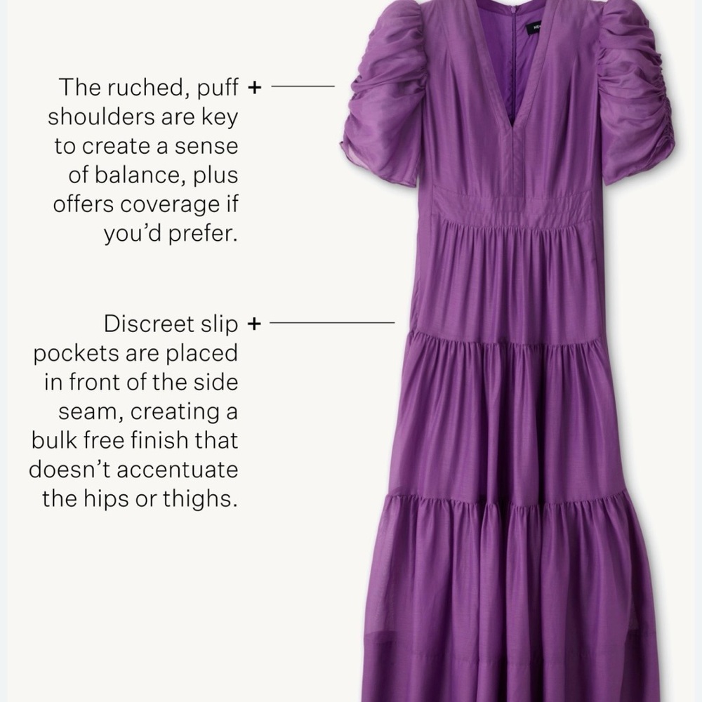 ME+EM Purple Cotton Silk Tiered Maxi Dress Ruched Puff Shoulder - Size 6 - Picture 8 of 8